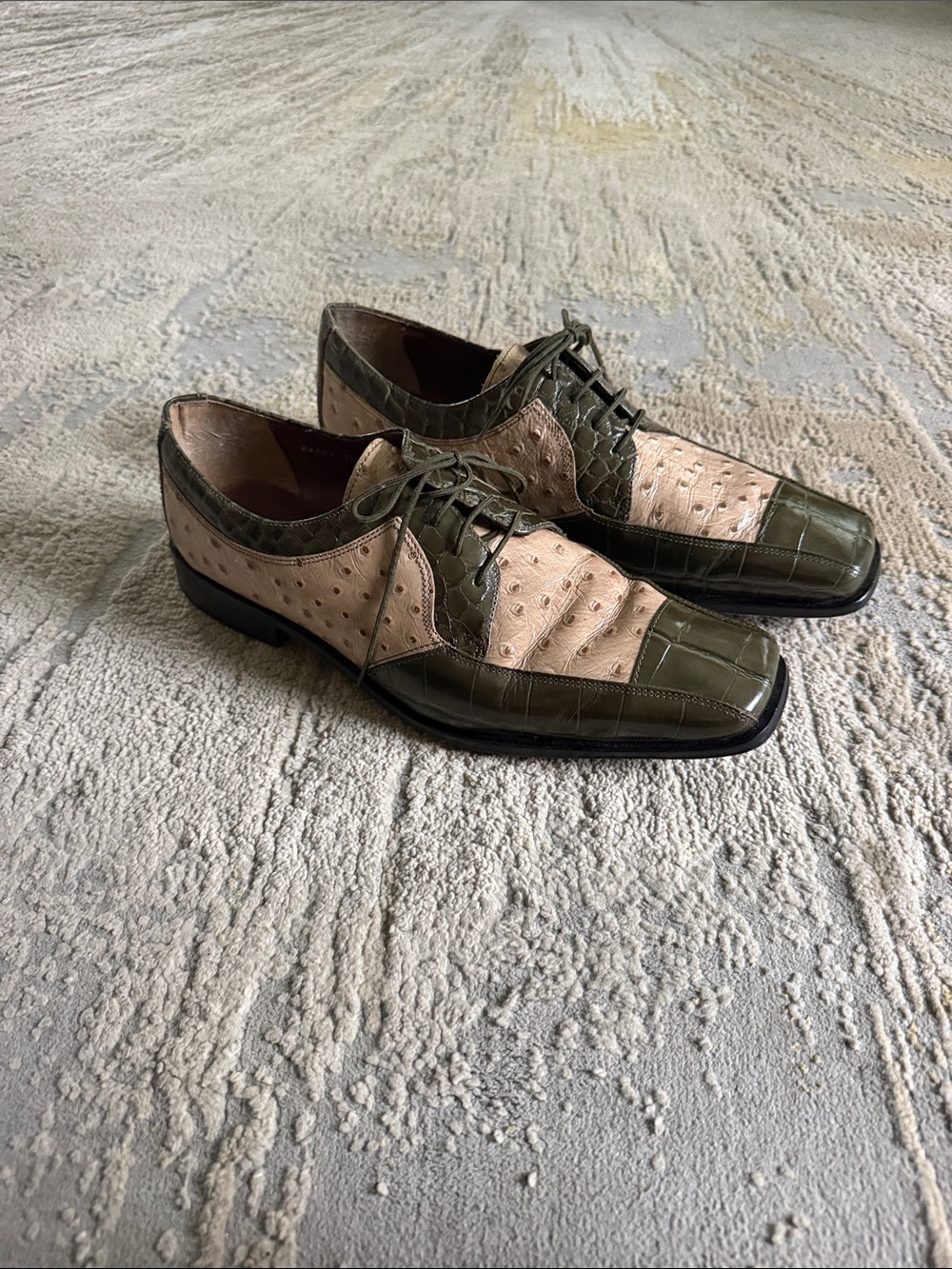 Stacy Adams Exotic Ostrich Croc Embossed‎ Dress Oxfords Shoe Green Beige 10.5